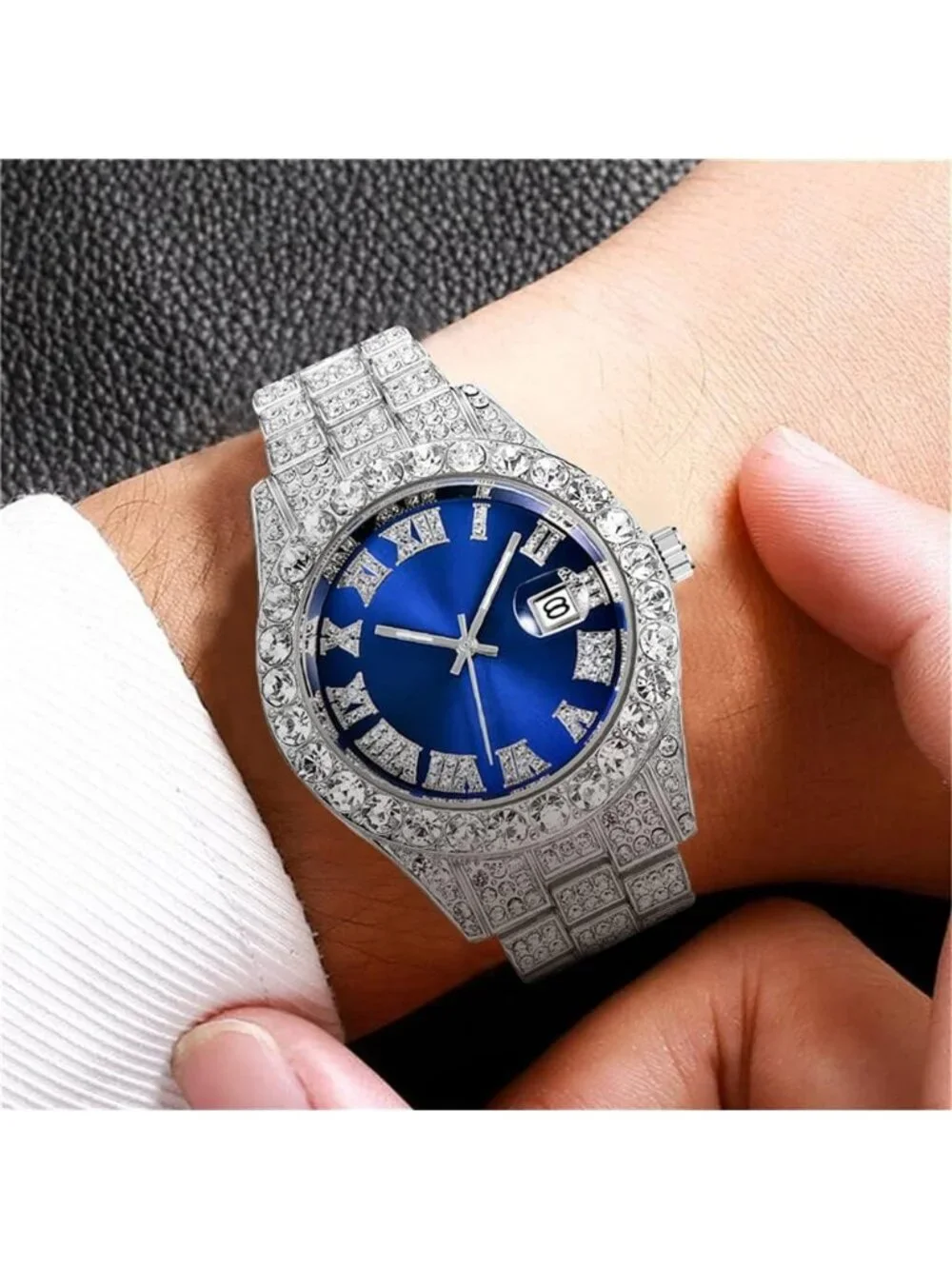 Men's Silver And Blue Analog Crystal Rhinestone Diamond Iced-Out Bracelet Watch